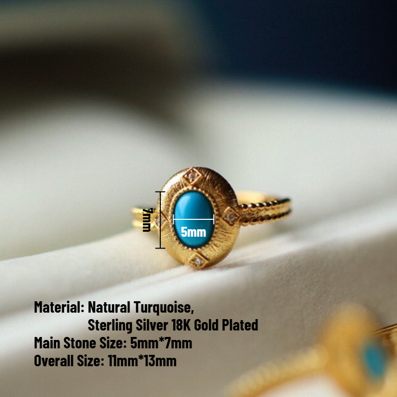 Sheehas Exquisite Natural Turquoise Sterling Silver 18K Gold Plated Adjustable Vintage Court-style Ring