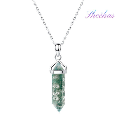 Moss Agate Double-terminated Energy Column Pendant Necklace