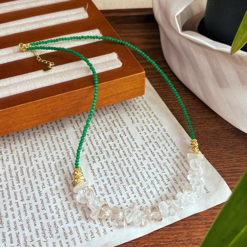 Natural Clear Quartz & Green Cat's-eye Stone Resort-style Necklace