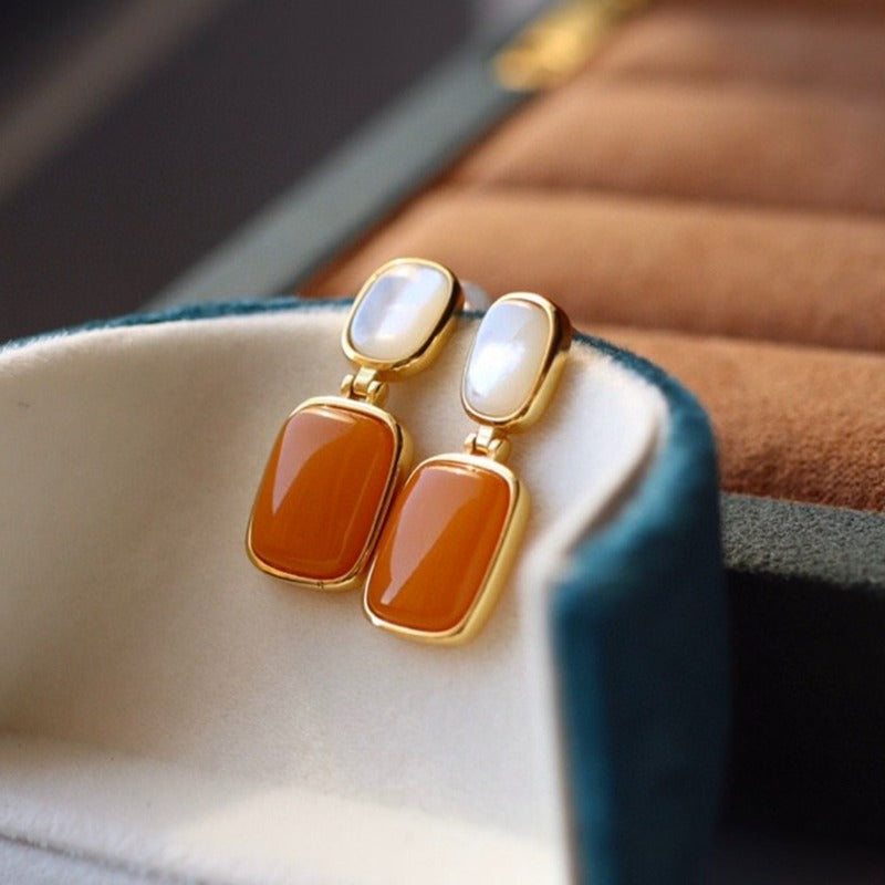 Sheehas Feng Shui Natural Amber & White Nacre Sterling Silver 18K Gold Plated Vintage Square Dangel Earrings