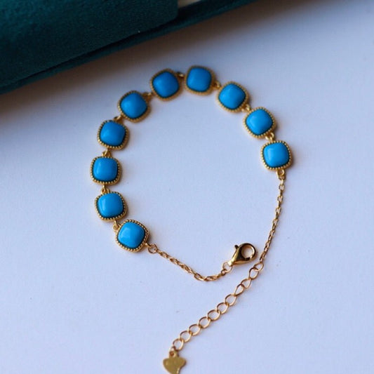 Sheehas Natural Turquoise Sterling Silver 18K Gold Plated Feng Shui Energy Bracelet