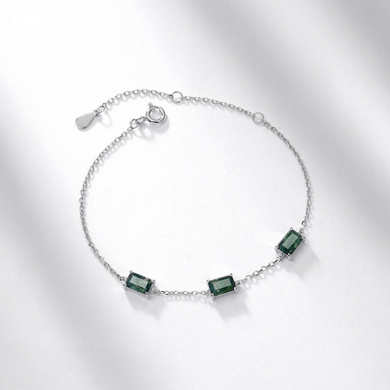 Moss Agate Emerald-Cut Sterling Silver Minimalism Adjustable Bracelet