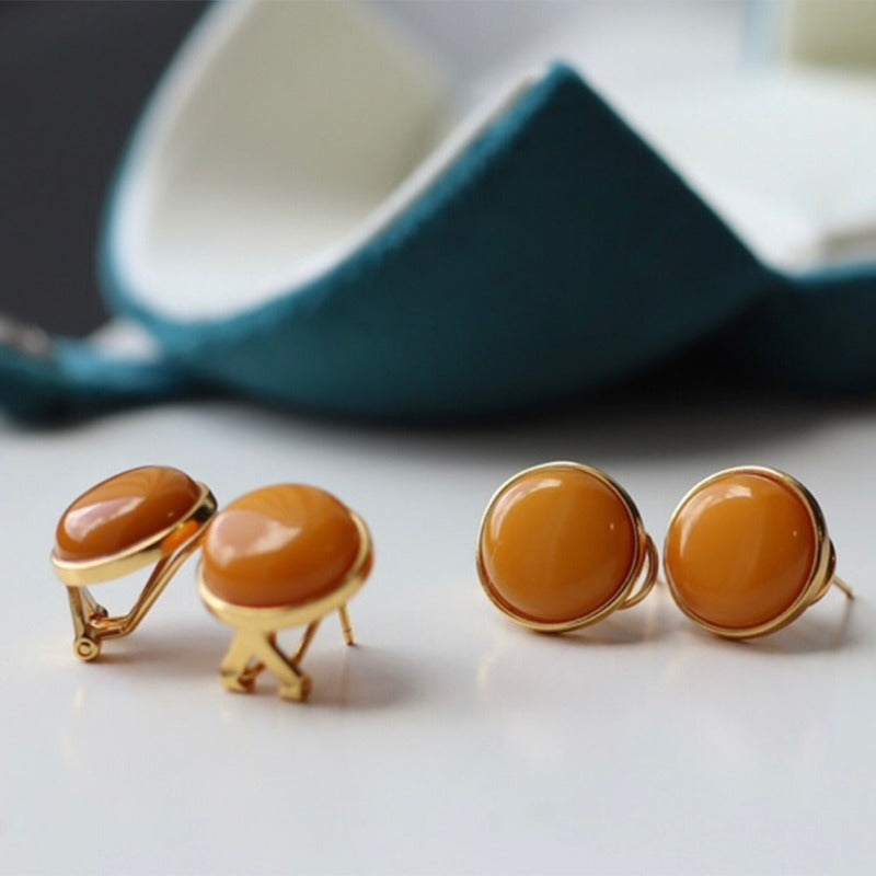 Sheehas Feng Shui Natural Amber Sterling Silver 18K Gold Plated Round Clip-on Earrings