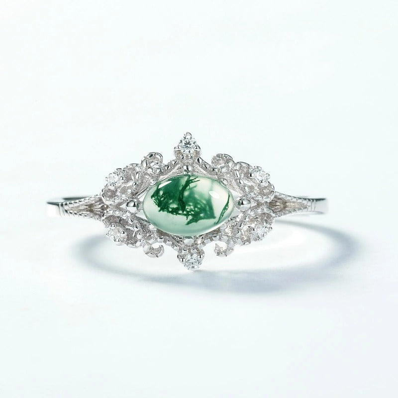 Sheehas Feng Shui Moss Agate Palace-Style Ring | Sterling Silver Adjustable Ring | Natural Crystal Healing Choice