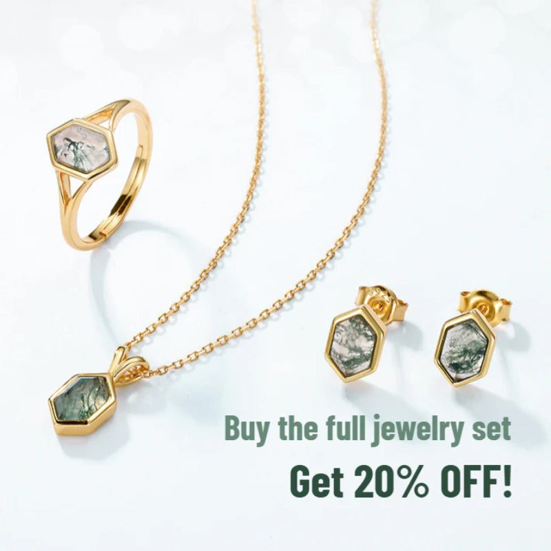 Sheehas Moss Agate with 10K-Gold Plated Edge Jewelry Set| Energy Flow Moss Agate Jewelry Set