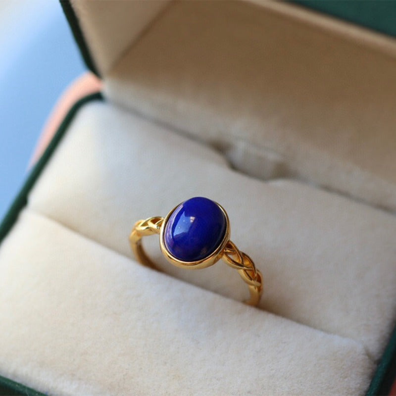 Sheehas Feng Shui Natural Lapis Lazuli Sterling Silver 18K Plated Gold Imperial Adjustable Ring