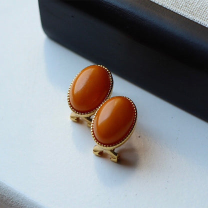 Sheehas Natural Amber Sterling Silver 18K Gold Plated Oval-shaped Feng Shui Healing Clip-on Earrings