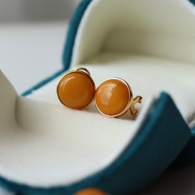 Sheehas Feng Shui Natural Amber Sterling Silver 18K Gold Plated Round Clip-on Earrings