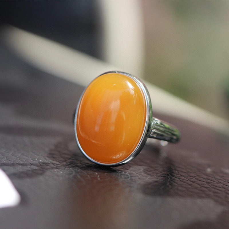 Sheehas Feng Shui Natural Amber Sterling Silver Energy-Healing Adjustable Ring