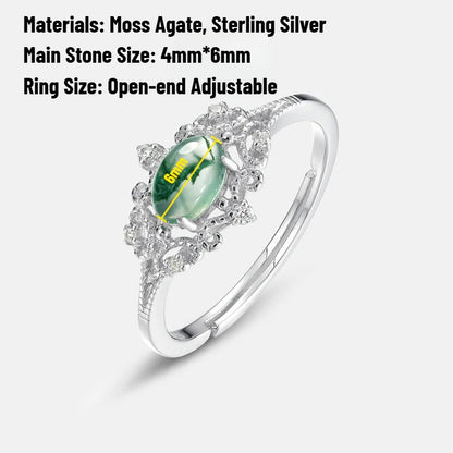Sheehas Feng Shui Moss Agate Palace-Style Ring | Sterling Silver Adjustable Ring | Natural Crystal Healing Choice
