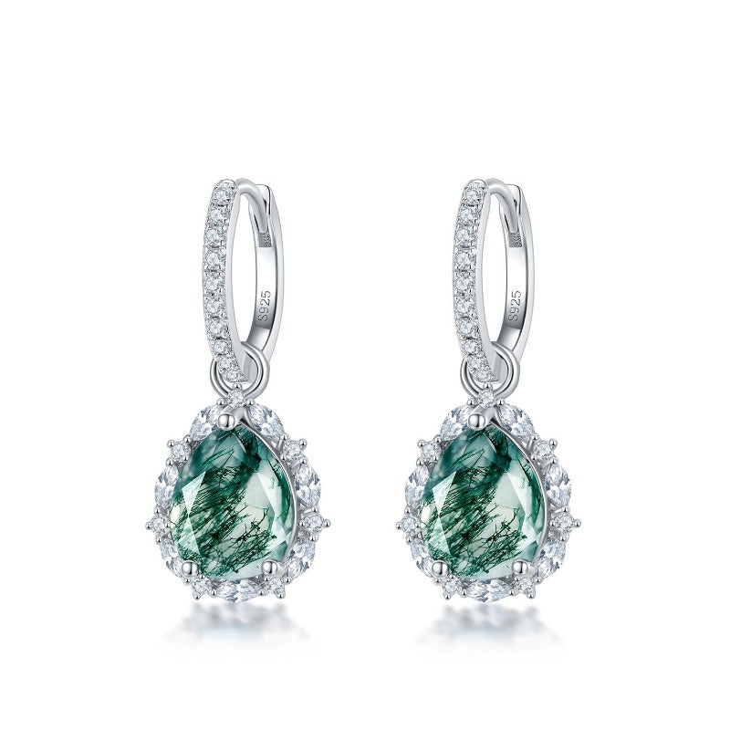 Moss Agate Sterling Silver Tearrop-shaped Diamond-encrusted Jewelry Set