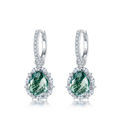 Moss Agate Sterling Silver Tearrop-shaped Diamond-encrusted Jewelry Set