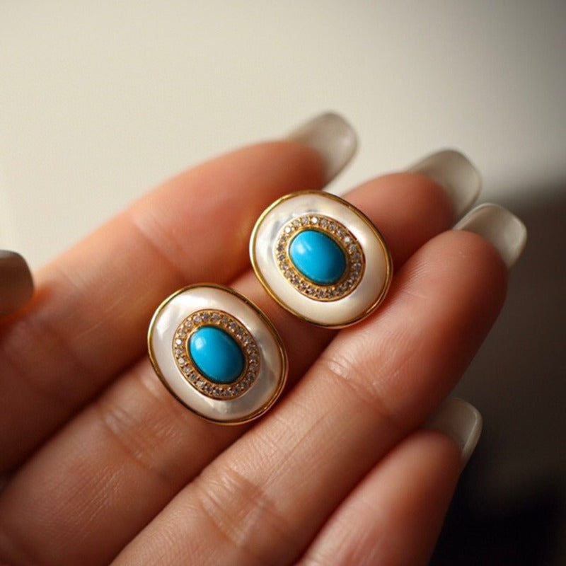 Sheehas Feng Shui Natural Turquoise & White Nacre Sterling Silver 18K Gold Plated Oval Stud Earrings
