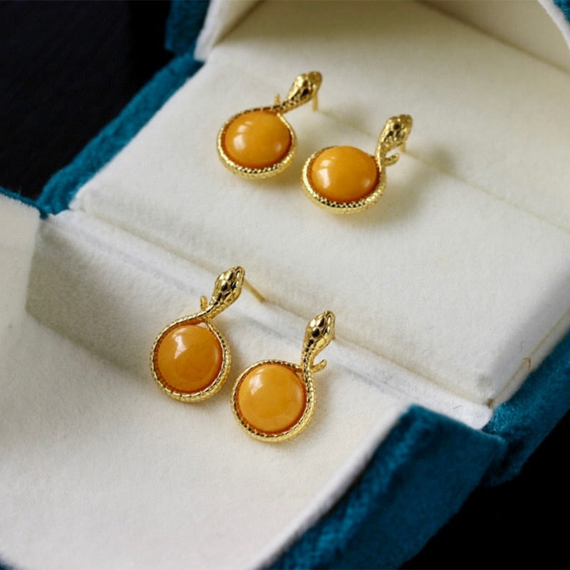 Natural Amber & Sterling Silver Ouroboros Wealth-Eternity Symbol Earrings by Sheehas