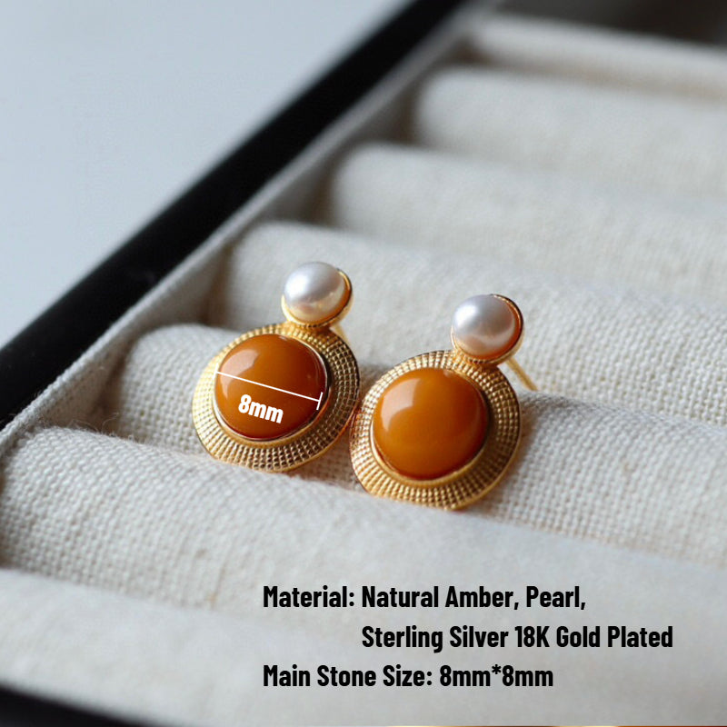 Sheehas Natural Amber Inlaid with Pearls Sterling Silver 18K Gold Plated Feng Shui Fortune-Praying Stud Earrings