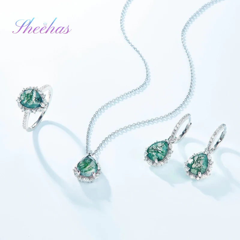 Moss Agate Sterling Silver Tearrop-shaped Diamond-encrusted Jewelry Set