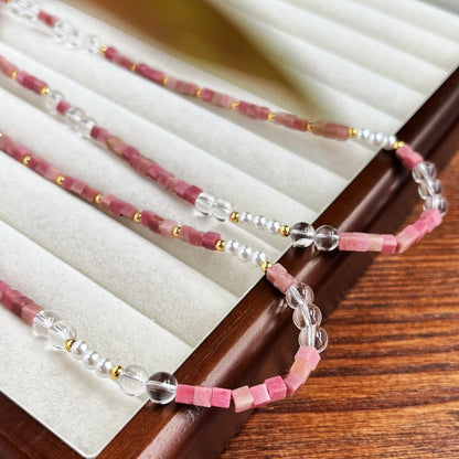 Natural Rhodochrosite, Clear Quartz & Pearl Retro Adjustable Necklace