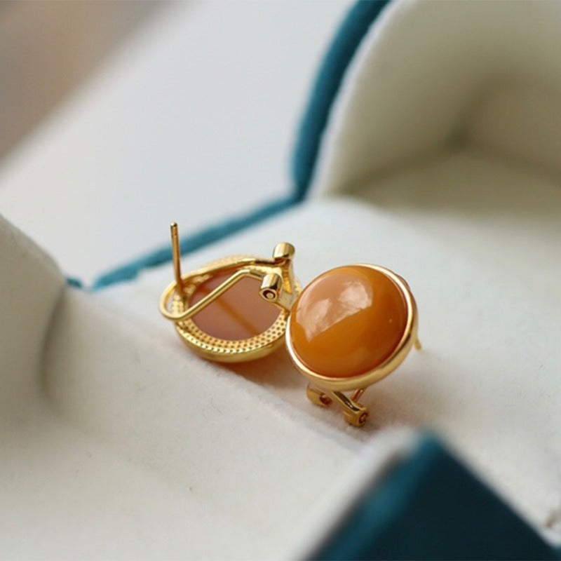 Sheehas Feng Shui Natural Amber Sterling Silver 18K Gold Plated Round Clip-on Earrings