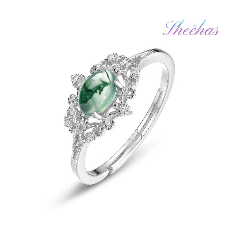 Sheehas Feng Shui Moss Agate Palace-Style Ring | Sterling Silver Adjustable Ring | Natural Crystal Healing Choice