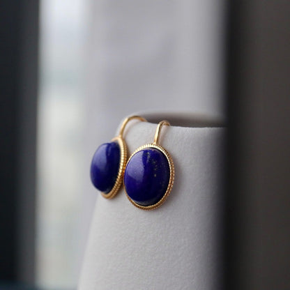 Sheehas Feng Shui Natural Lapis Lazuli Sterling Silver 18K Gold Plated Oval Cabochon Hook Earrings - The Union of Wisdom and Power
