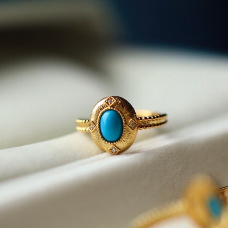 Sheehas Exquisite Natural Turquoise Sterling Silver 18K Gold Plated Adjustable Vintage Court-style Ring
