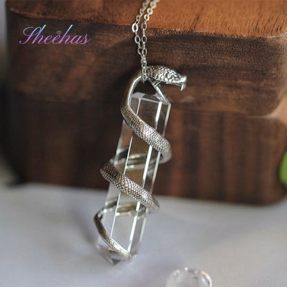 Sterling Silver Serpent-Wrapped Clear Quartz Pendant: A Mystical Amulet
