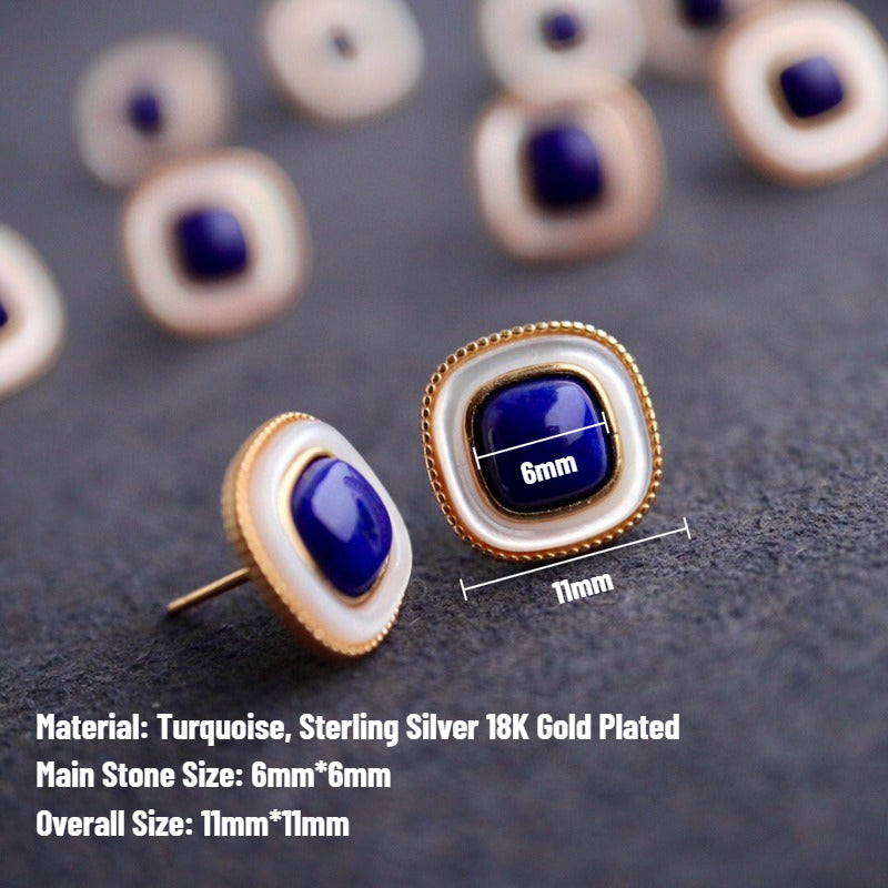Sheehas Natural Lapis Lazuli White Nacre Embellished Sterling Silver 18K Gold Plated Square Stud Earrings
