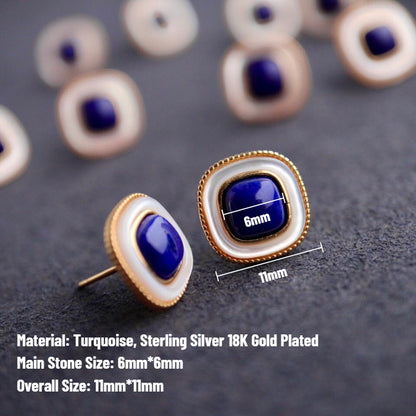 Sheehas Natural Lapis Lazuli White Nacre Embellished Sterling Silver 18K Gold Plated Square Stud Earrings