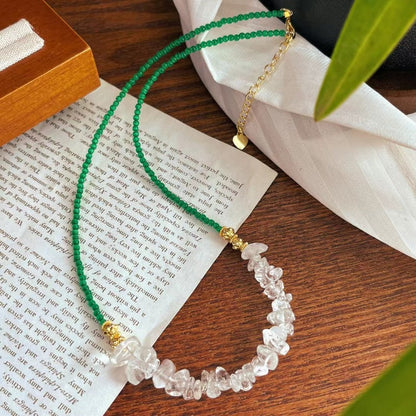 Natural Clear Quartz & Green Cat's-eye Stone Resort-style Necklace