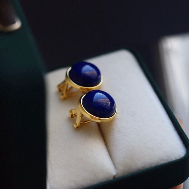 Sheehas Feng Shui Natural Lapis Lazuli Sterling Silver 18K Gold Plated Round Clip-on Earrings: Fortune Enhancement