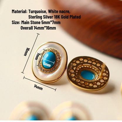 Sheehas Feng Shui Natural Turquoise & White Nacre Sterling Silver 18K Gold Plated Oval Stud Earrings