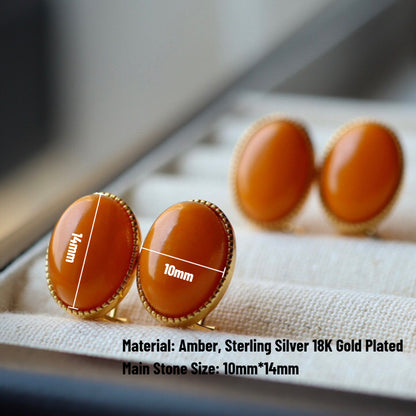 Sheehas Natural Amber Sterling Silver 18K Gold Plated Oval-shaped Feng Shui Healing Clip-on Earrings