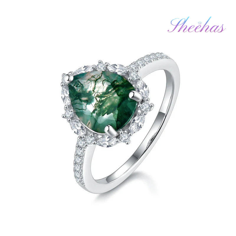 Moss Agate Sterling Silver Tearrop-shaped Diamond-encrusted Ring
