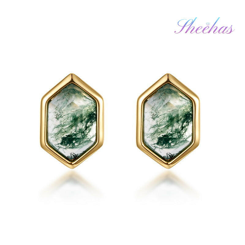 Moss Agate Sterling Silver Stud Earrings with Luxury 10K Gold-Plated Edge