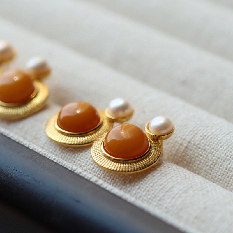 Sheehas Natural Amber Inlaid with Pearls Sterling Silver 18K Gold Plated Feng Shui Fortune-Praying Stud Earrings
