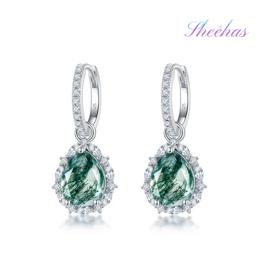 Moss Agate Sterling Silver Tearrop-shaped Diamond-encrusted Earrings