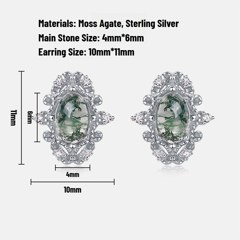 Moss Agate Palace-Style Earrings | Sterling Silver Studs for Balance & Prosperity