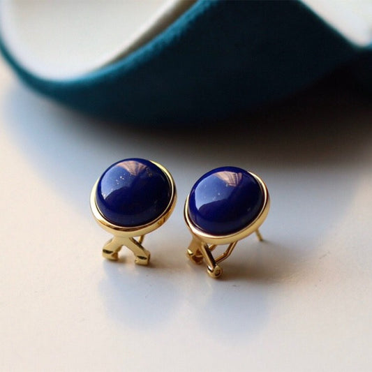Sheehas Feng Shui Natural Lapis Lazuli Sterling Silver 18K Gold Plated Round Clip-on Earrings: Fortune Enhancement
