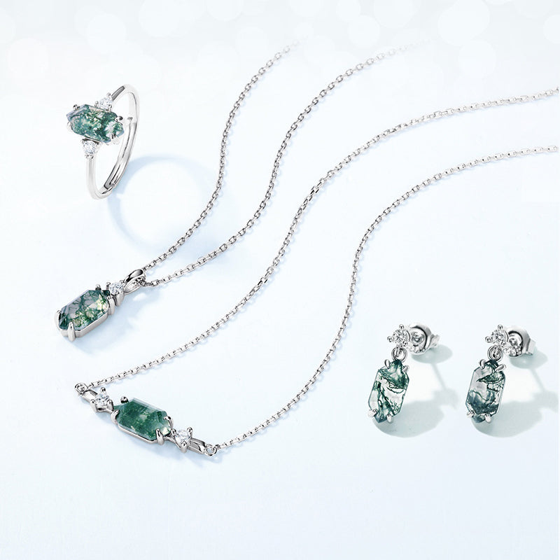 Boucles d'oreilles pendantes rétro en argent sterling et agate mousse, serties de griffes hexagonales