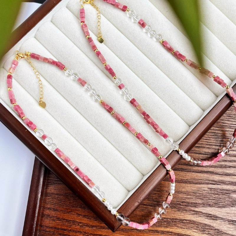 Natural Rhodochrosite, Clear Quartz & Pearl Retro Adjustable Necklace