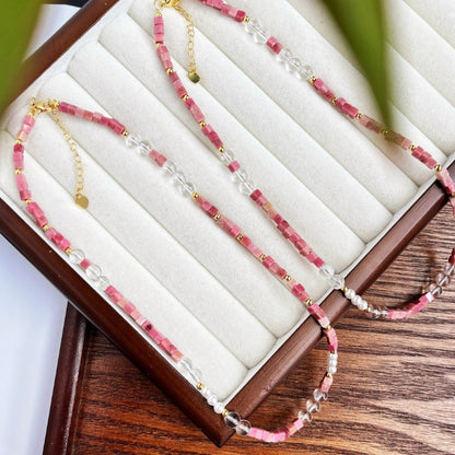 Natural Rhodochrosite, Clear Quartz & Pearl Retro Adjustable Necklace