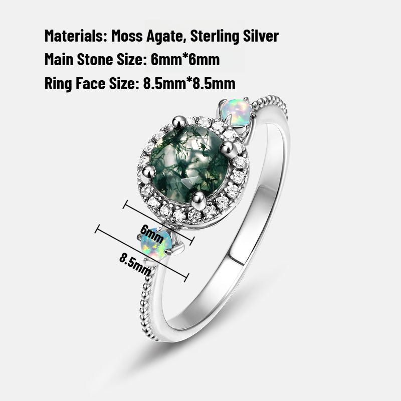 Luxurious Moss Agate Sterling Silver Round-cut and Diamond-surrounding Jewelry Set