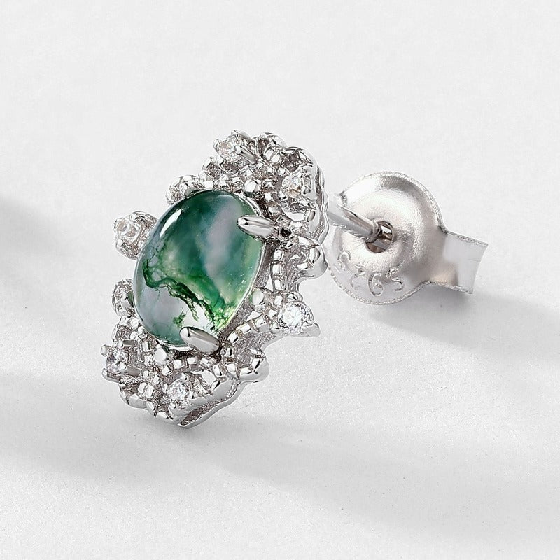 Moss Agate Palace-Style Earrings | Sterling Silver Studs for Balance & Prosperity