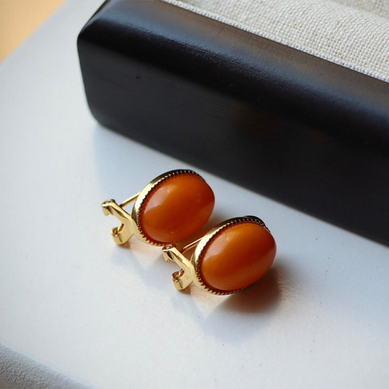 Sheehas Natural Amber Sterling Silver 18K Gold Plated Oval-shaped Feng Shui Healing Clip-on Earrings