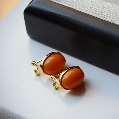 Sheehas Natural Amber Sterling Silver 18K Gold Plated Oval-shaped Feng Shui Healing Clip-on Earrings