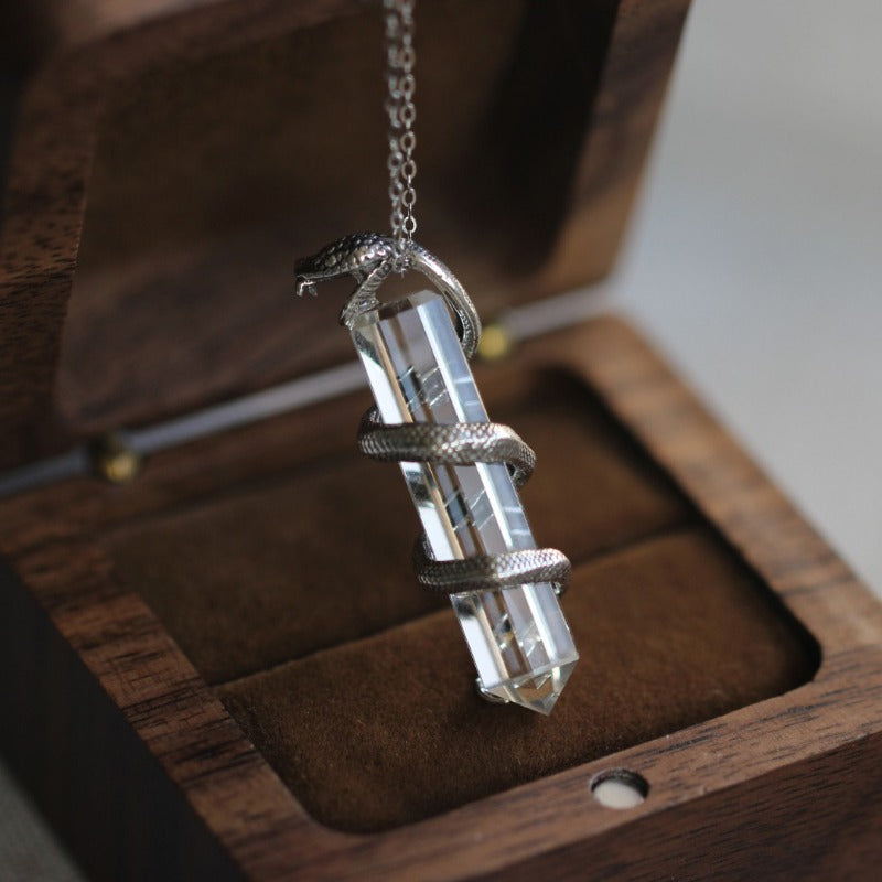 Sterling Silver Serpent-Wrapped Clear Quartz Pendant: A Mystical Amulet