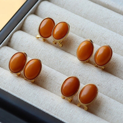 Sheehas Natural Amber Sterling Silver 18K Gold Plated Oval-shaped Feng Shui Healing Clip-on Earrings