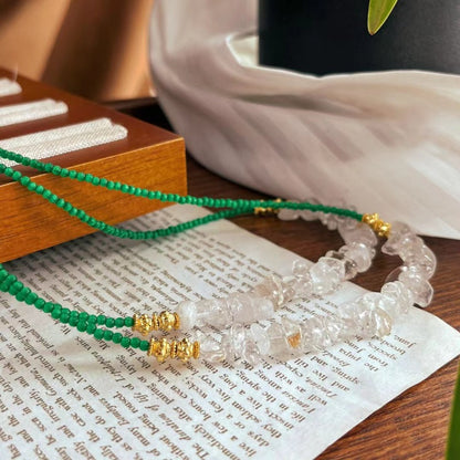 Natural Clear Quartz & Green Cat's-eye Stone Resort-style Necklace