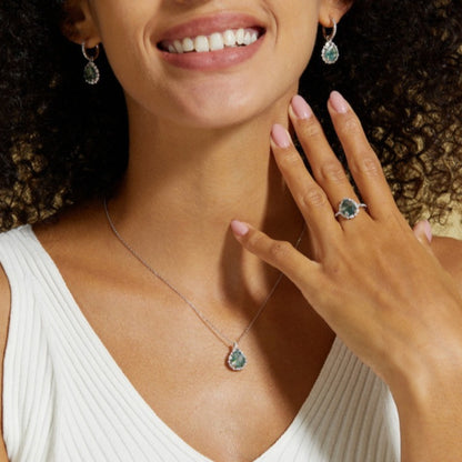 Moss Agate Sterling Silver Tearrop-shaped Diamond-encrusted Earrings