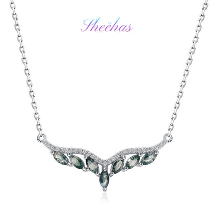 Pure Love: Natural Moss Agate Sterling Silver Angel's Wings Jewelry Set
